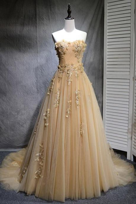Beautiful Champagne Tulle Party Dress, Long Handmade Prom Gowns Sa641