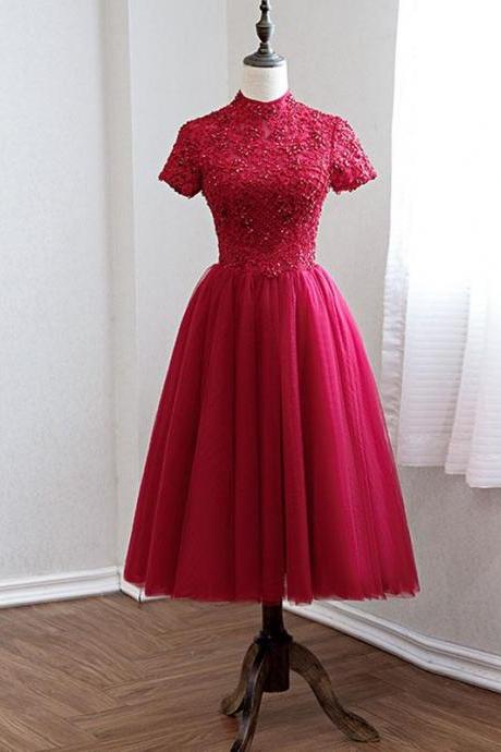 Dark Red Halter Tulle Cap Sleeves Formal Dresses, Beautiful Party Dress Sa642