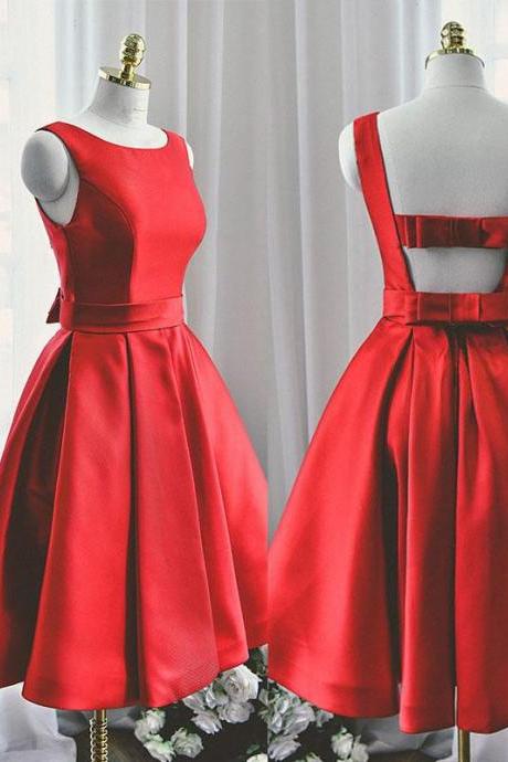 Red Satin Short Party Dress With Bow, Red Homecoming Dress Sa643