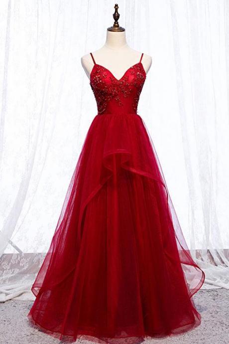 Dark Red Straps Long Prom Dresses, Beaded V-neckline Formal Dress Sa646