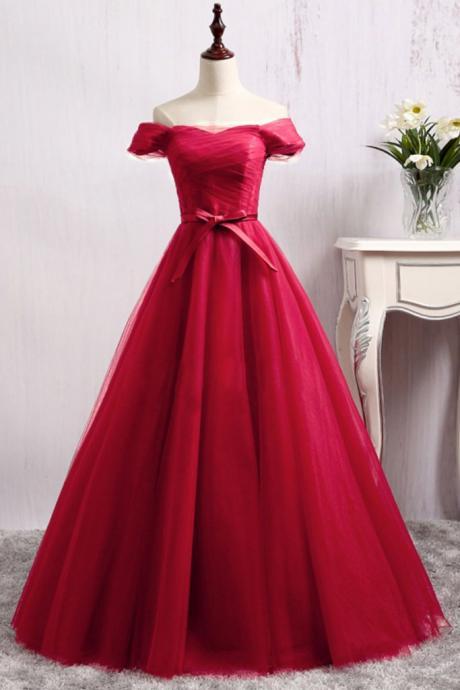 Dark Red Tulle Off Shoulder Style Long Party Gowns Prom Dress Sa648