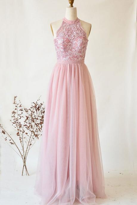 Pink Tulle And Lace Halter Elegant Party Dress, Long Formal Gowns Sa653