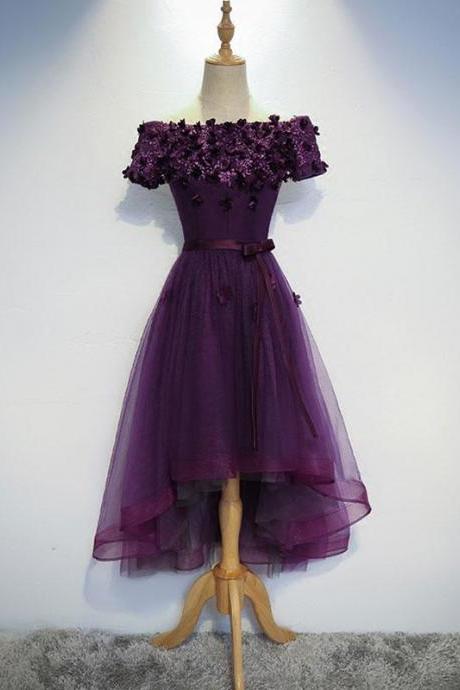 Dark Purple Flowers And Lace Tulle Party Dress, Homecoming Dresses Sa654