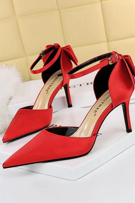 Korean Version Of Sweet Beauty Shoes Stiletto High Heel Shallow Mouth Pointed Toe Satin Hollow Back Bow Tie Sandals (heel 8cm) H129