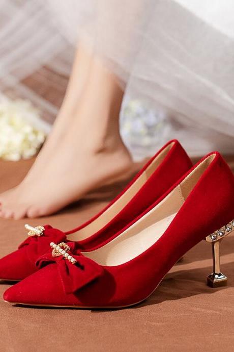 Red Wedding Shoes Female Winter Bride Shoes Not Tired Feet Chinese Style Wedding Dress Two Wear High Heels H143