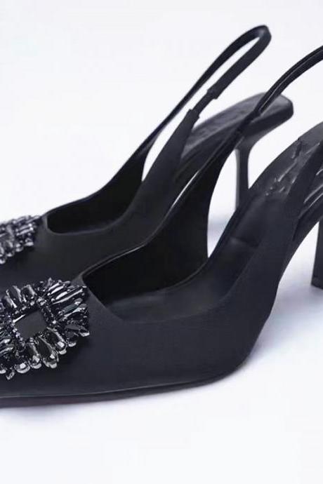 Women Black High Heels Fashion Rhinestone Pumps Casual Party Slingbacks Stiletto Heels Woman Wedding Elegant Heeled Sandals H149