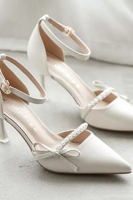 High-heeled Shoes Stiletto White Summer Comfortable and Versatile One-word Buckle French Pointed-toe Shoes H166