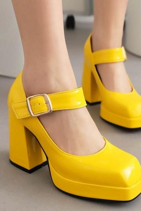 Fashion Punk High Heels Pumps Shoes Woman Platform Yellow Black White Women&amp;#039;s Heeled Mary Janes Party Office Shoes Large Size H168