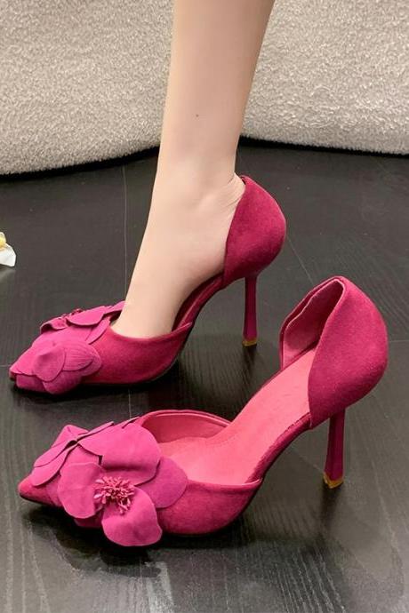 Fashion Suede Flowers Shoes Pointed Toe Sandals Sexy Thin Heels Comfortable Banquet Dress High Heel Women's Pumps H169