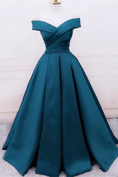 Glam Blue Satin Long Off Shoulder Party Dress, A-line Prom Dress Sa659