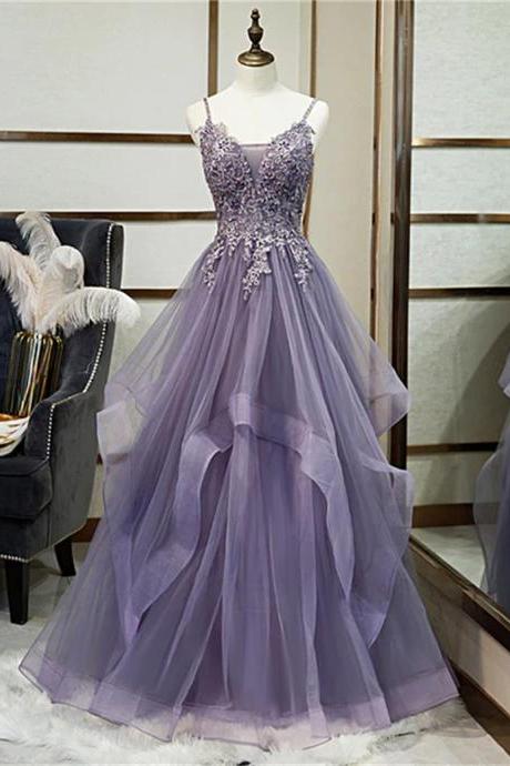 Purple Tulle Layers Long Formal Gown, Lace Applique Top Party Dress Sa662