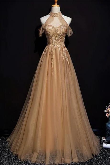 Charming Champagne Tulle Halter Long Party Gown, Prom Dress Sa663