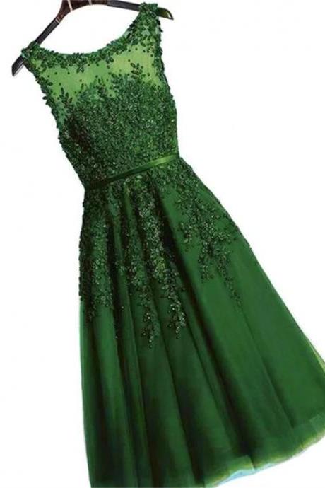 Dark Green Round Neckline Tea Length Lace Party Dress, Wedding Party Dress Sa664