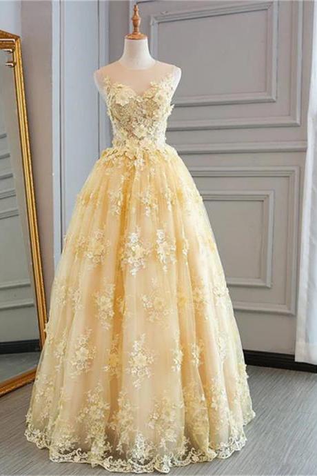 Lace Yellow Long Party Gown, A-line Evening Dress Sa666