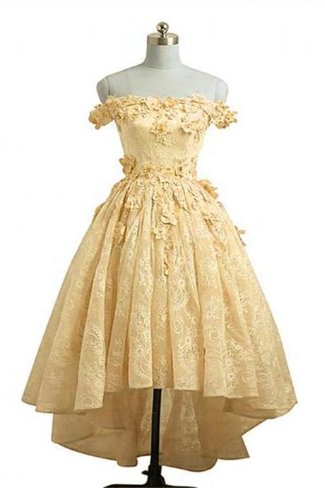 Lovely Yellow Off Shoulder Lace High Low Party Dress, Yellow Formal Dress Sa667