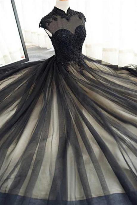 Elegant High Neck Swee Train Rhinestone Prom Dress, Black Formal Dress Sa668