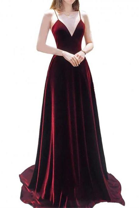 Charming Velvet Wine Red Straps Long Party Gown, Prom Dress Sa669