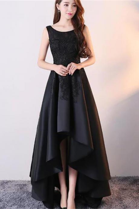 Black Satin With Lace High Low Prom Dress, Fashionable Homecoming Dress Sa6671