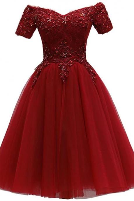 Cute Burgundy Off Shoulder Tulle Party Dress, Wine Red Homecoming Dress Sa673