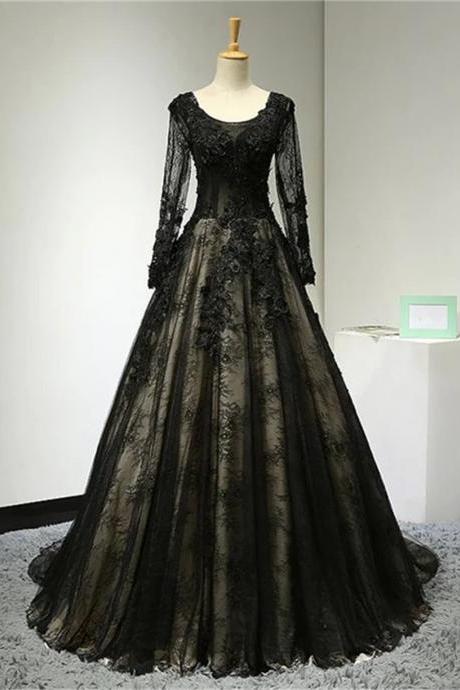 Beautiful Black Long Sleeves Lace Prom Dress, Black Evening Gown Sa675