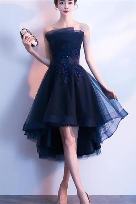 Navy Blue High Low Party Dress, Lace Applique Prom Dress Sa681