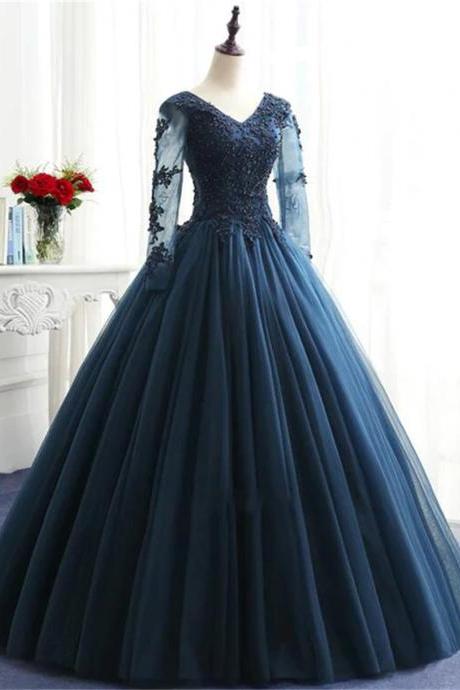 Long Sleeves Navy Blue Tulle Party Gown, Navy Blue Prom Dress Sa682