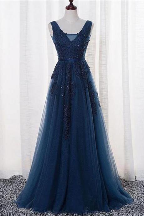 Blue Long A-line Bridesmaid Dress, Dark Blue Tulle Party Dress Sa683