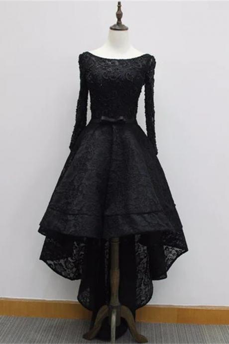Long Sleeves Lace High Low Party Dress , Beaded Black Evening Dress Sa685