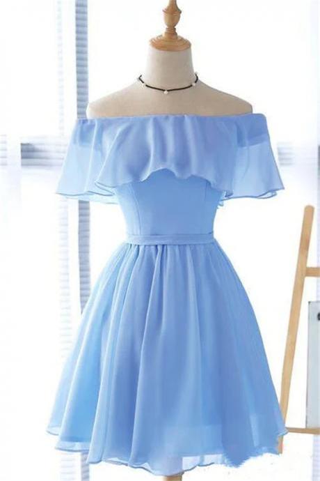Lovely Blue Short Chiffon Off Shoulder Party Dress, A-line Prom Dress Sa690