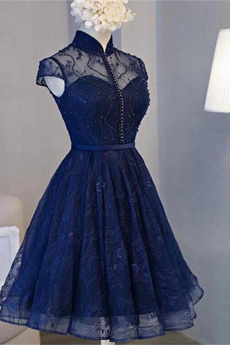Beautiful Navy Blue Knee Length Lace Party Dress, Homecoming Dress SA693
