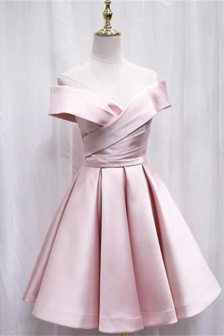 Cute Satin Pink Sweetheart Off Shoulder Knee Length Party Dress, Short Prom Dress Sa694