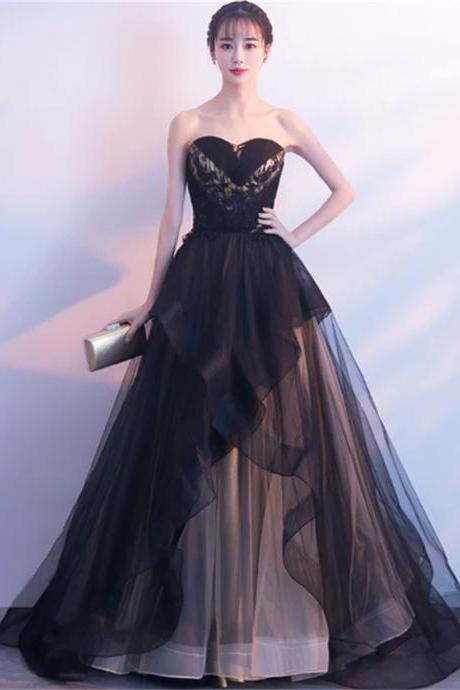 Black And Champagne Tulle Sweethart Party Dress, Black Gown Sa695