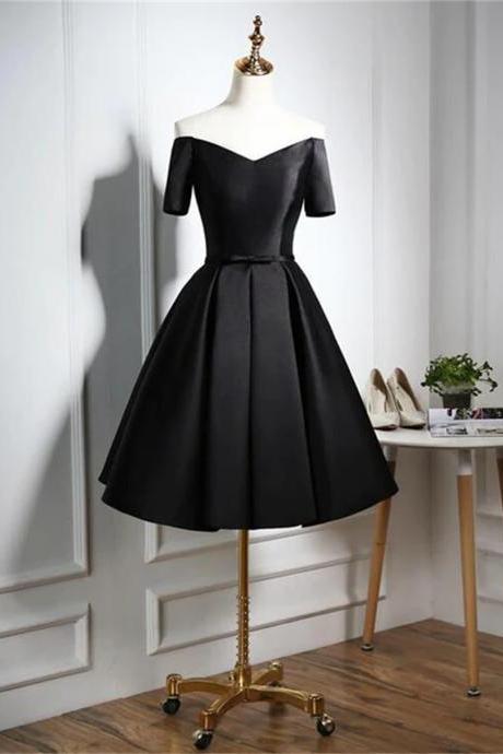 Lovely Black Satin Short Prom Dress, Black Party Dress Sa697