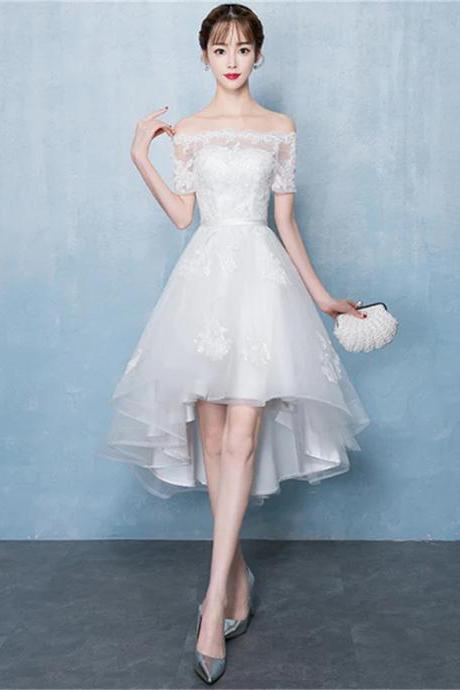 Lovely White High Low Tulle Graduation Dress, Off The Shoulder Party Dress Sa699