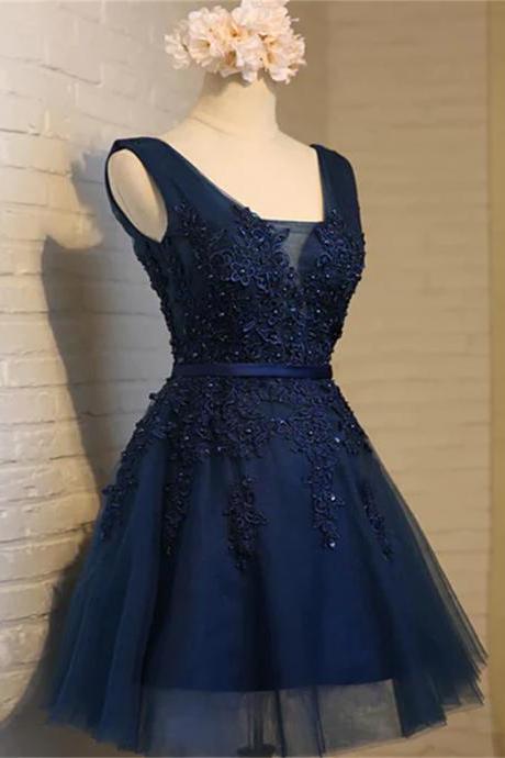 Navy Blue Knee Length Homecoming Dresses, V-neckline Short Formal Dresses Sa701