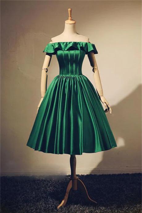 Lovely Green Satin Off Shoulder Knee Length Homecoming Dress, Short Prom Dress Sa703