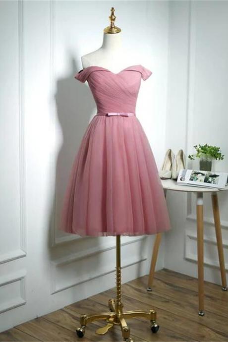 Lovely Pink Off Shoulder Knee Length Party Dress, Pink Prom Dress Sa704