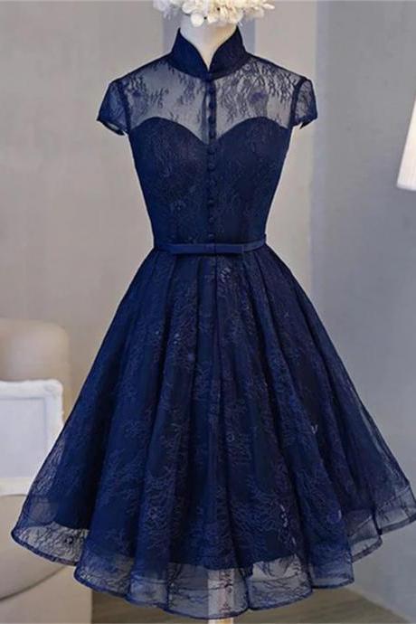 High Neck Homecoming Dress Lace Dark Navy Lace-up Short Prom Dress Sa710