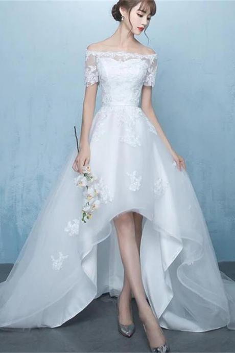 Beautiful White Off Shoulder High Low Party Dress With Train Wedding Party Dress Sa716