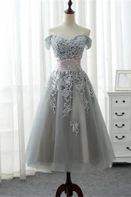 Charming Off-the-shoulder Homecoming Dress Short A-line Tulle Gray Party Dress Sa717