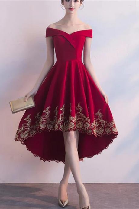 Red High Low Party Dress With Gold Applique Stylish Formal Dress Cute Party Dress Sa718