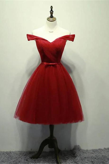 Dark Red Off The Shoulder Tulle Knee Length Party Dress Red Homecoming Dress Sa724