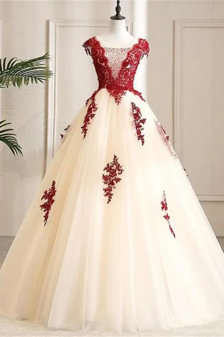 Champagne Tulle Long Sweet 16 Dress With Red Lace Formal Gown Sa725