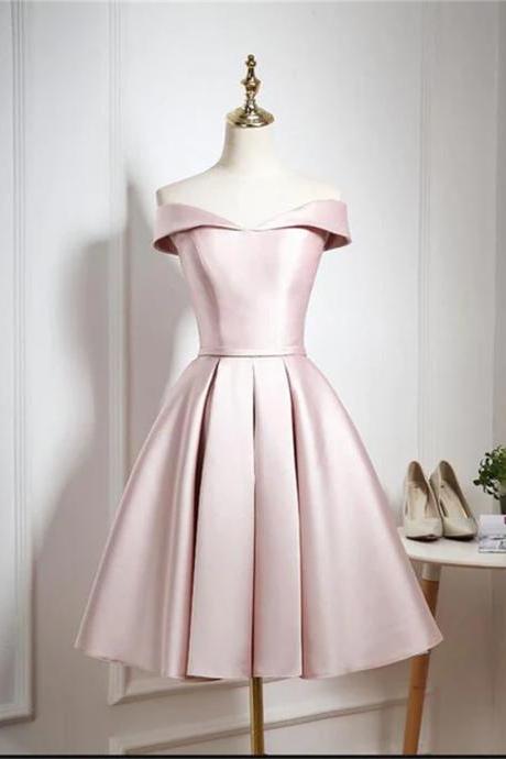 Lovely Pink Satin Off Shoulder Knee Length Formal Dress Homecoming Dress Sa726