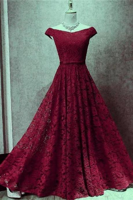 Dark Red Lace Off Shoulder Bridesmaid Dress Long Prom Dress Sa727
