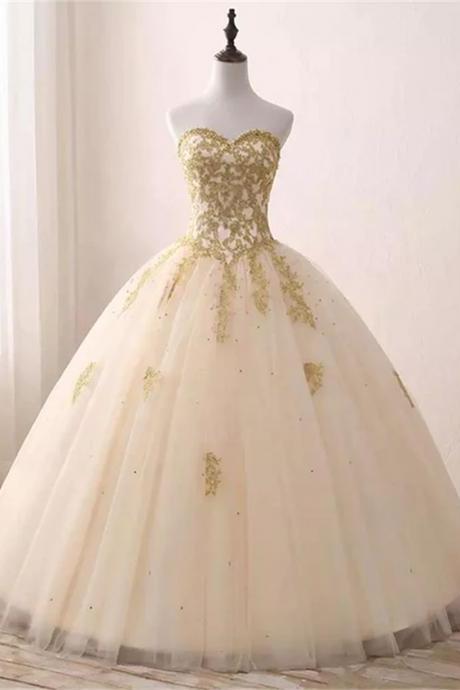 Beautiful Light Champagne Ball Gown Party Dress Sweet 16 Dress With Gold Applique Sa728