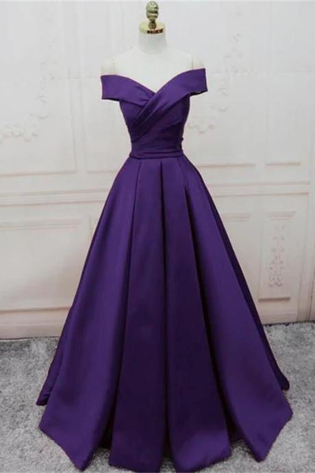 Dark Purple Off Shoulder Satin Long Formal Gown Prom Dresses Sa729