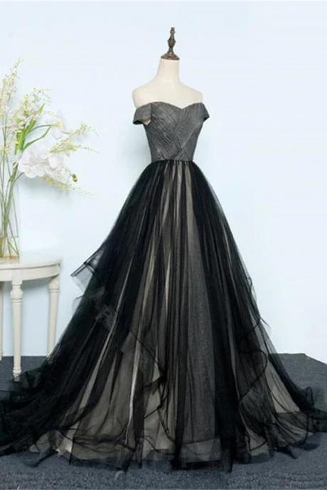 Black Tulle Off Shoulder Floor Length Gown Black Evening Dresses Sa730