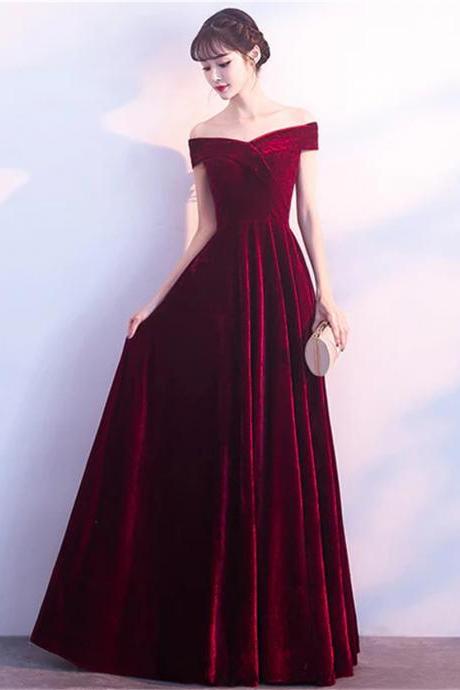 Red Velvet Prom Dress Long Off Shoulder Bridesmaid Dress Sa735
