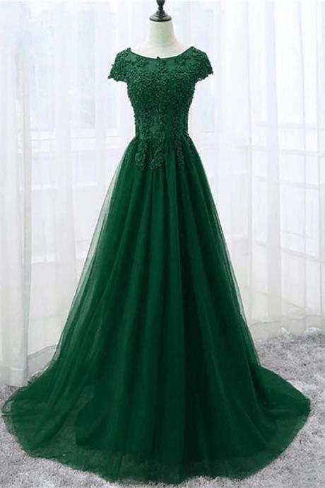 Elegant Cap Sleeve Lace Applique Tulle Party Dress Prom Gowns Sa740